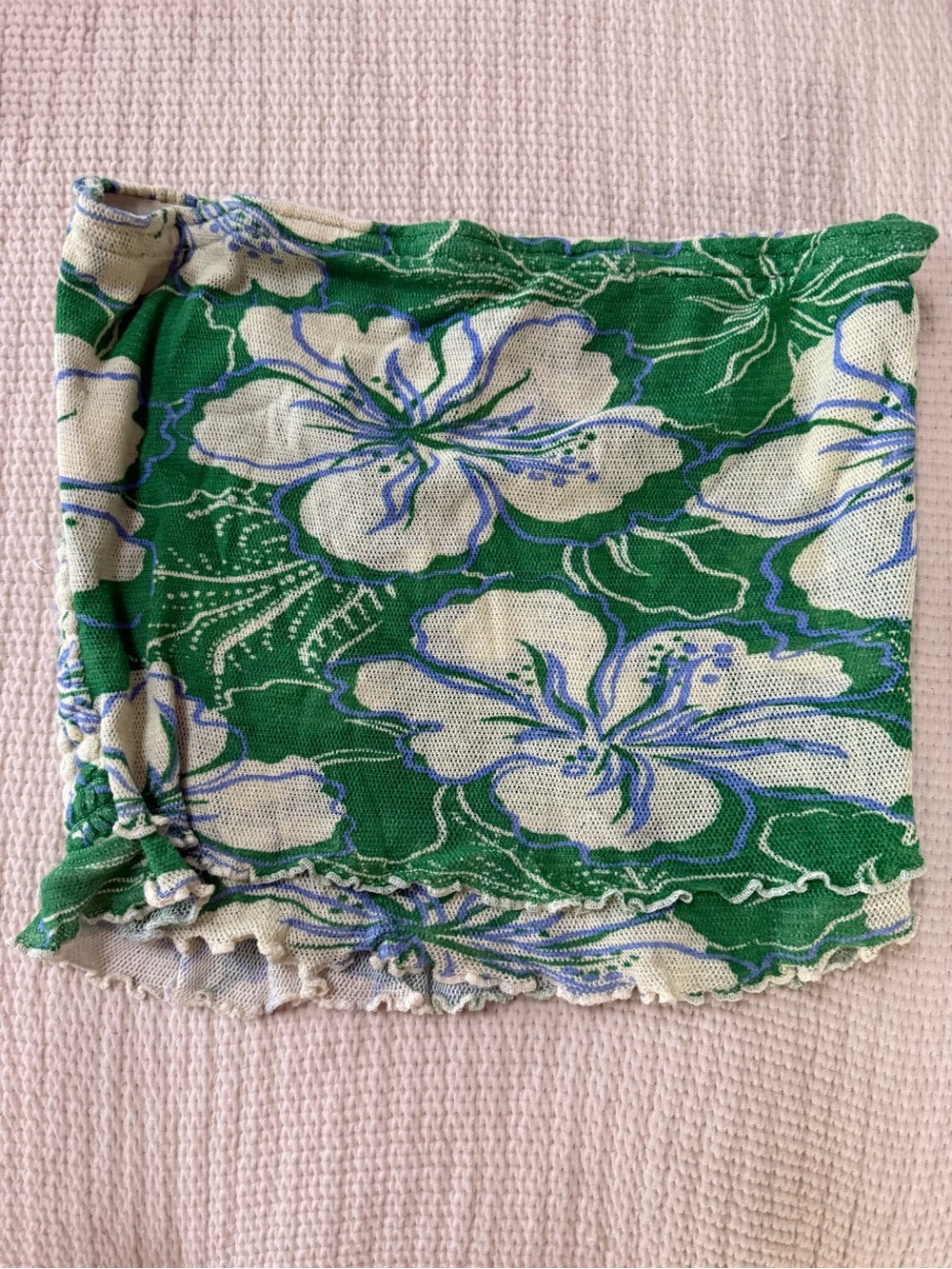 Free People Green Floral Tank Top with Cream & Blue Hibiscus Print